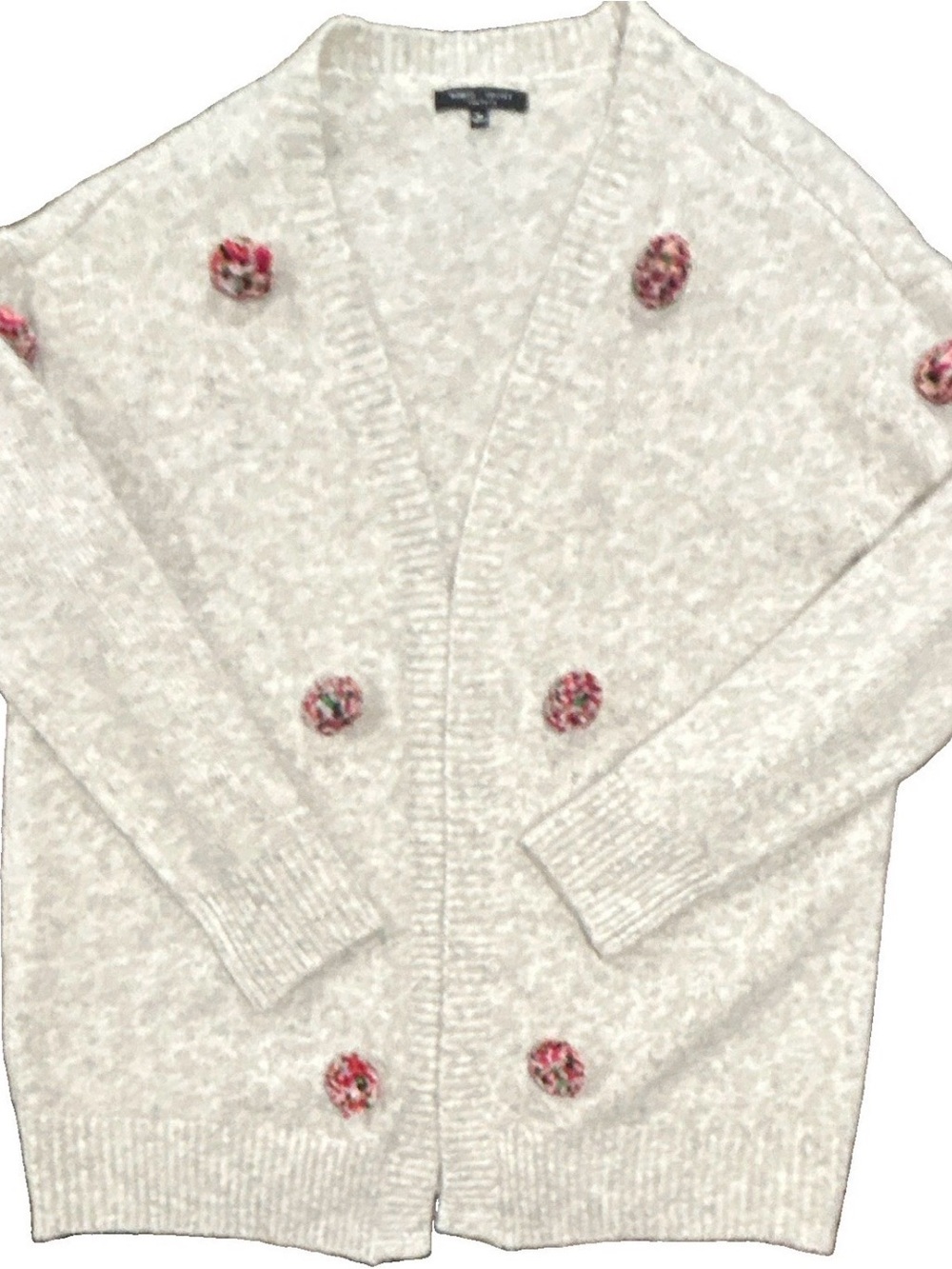Romeo & Juliet Couture Cream Cardigan with Pink Floral Accents and Pom-Poms